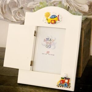 NURSERY PHOTO FRAME Olds 3.5" x 5" frame Planes & Trains theme "Away We Go"